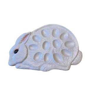 Vintage Easter Bunny Rabbit Egg Holder Ceramic Easter Serving Dish White Pink